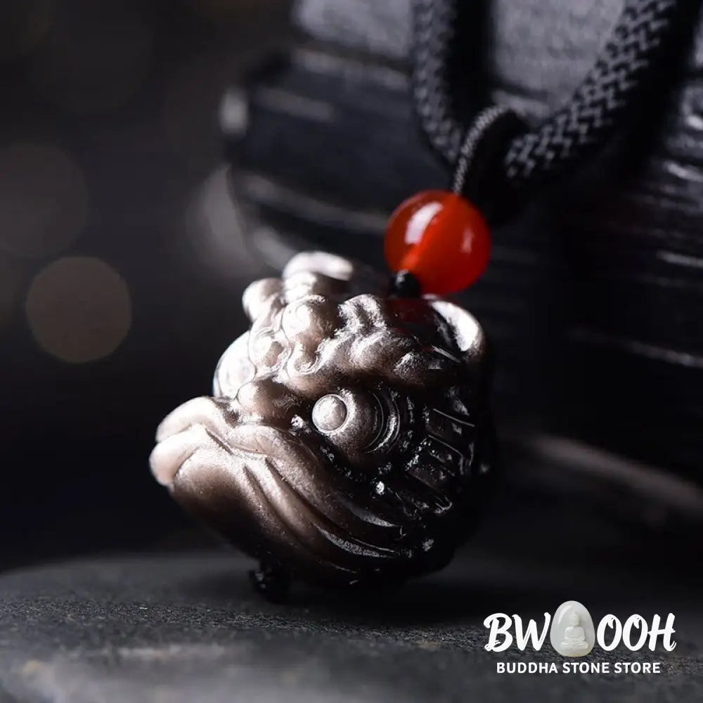Buddha Stones Natural Silver Sheen Obsidian Dancing Lion Protection Necklace Pendant - BWOOOH - Silver Sheen