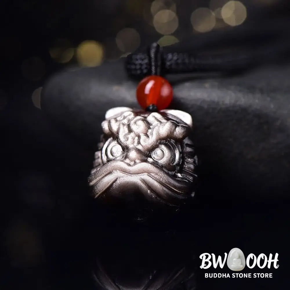 Buddha Stones Natural Silver Sheen Obsidian Dancing Lion Protection Necklace Pendant - BWOOOH - Silver Sheen