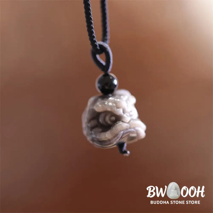 Buddha Stones Natural Silver Sheen Obsidian Dancing Lion Protection Necklace Pendant - BWOOOH - Silver Sheen