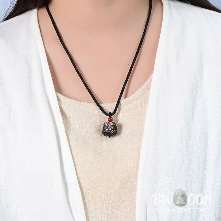 Buddha Stones Natural Silver Sheen Obsidian Dancing Lion Protection Necklace Pendant - BWOOOH - Silver Sheen