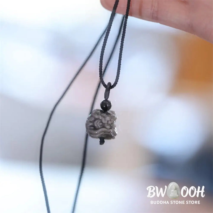 Buddha Stones Natural Silver Sheen Obsidian Dancing Lion Protection Necklace Pendant - BWOOOH - Silver Sheen