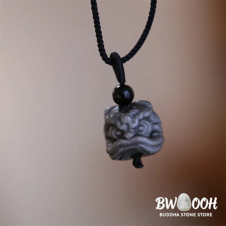Buddha Stones Natural Silver Sheen Obsidian Dancing Lion Protection Necklace Pendant - BWOOOH - Silver Sheen