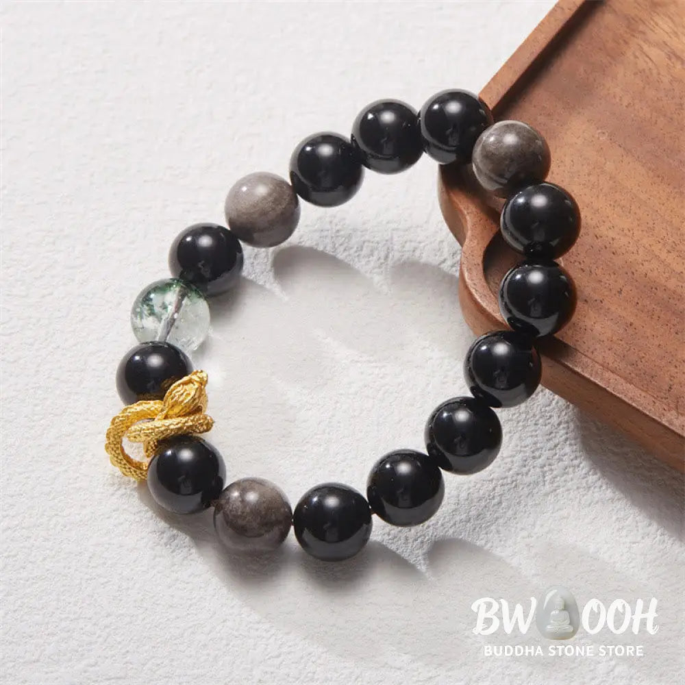 Buddha Stones Natural Silver Sheen Obsidian Dragon Green Phantom Protection Bracelet - BWOOOH - Silver Sheen