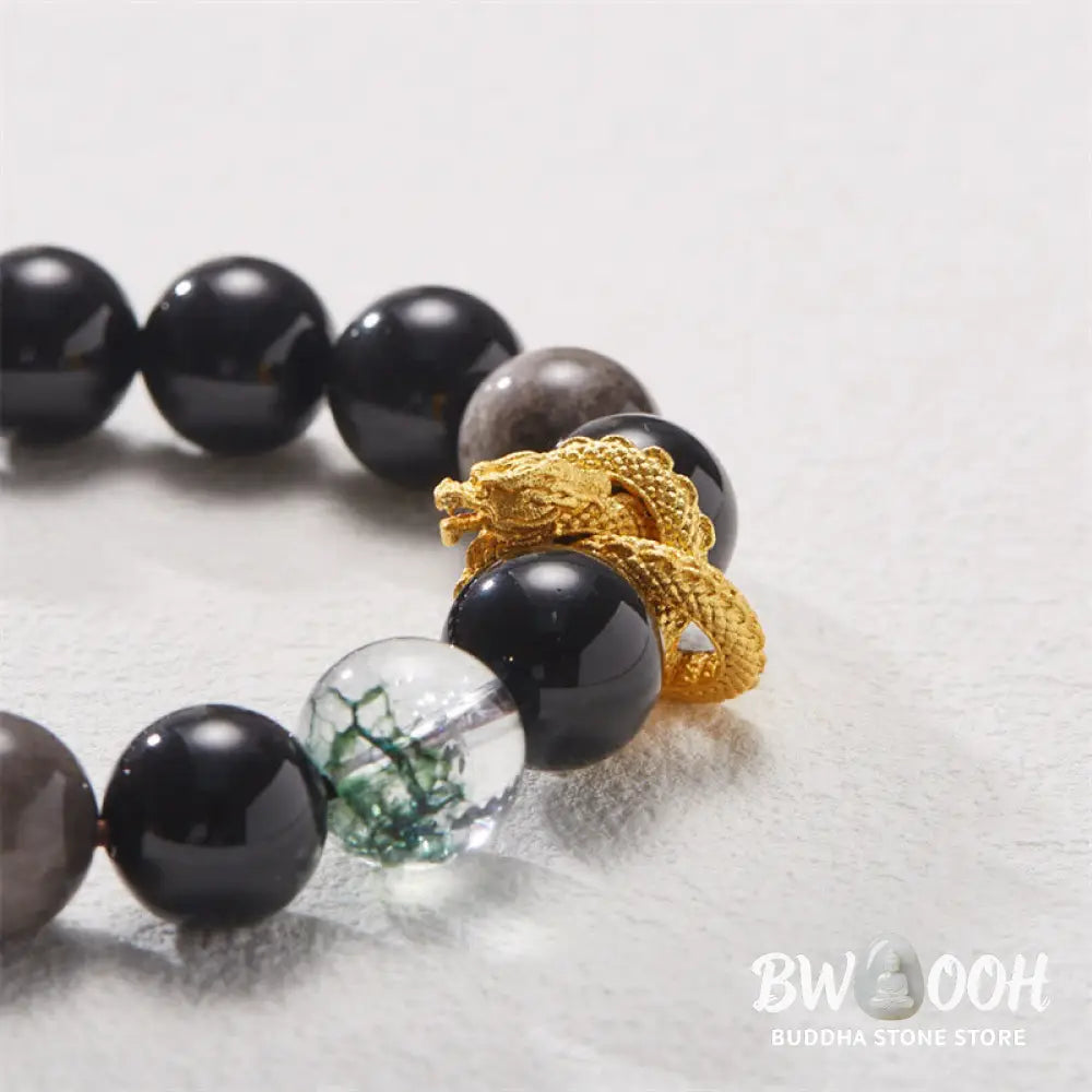 Buddha Stones Natural Silver Sheen Obsidian Dragon Green Phantom Protection Bracelet - BWOOOH - Silver Sheen