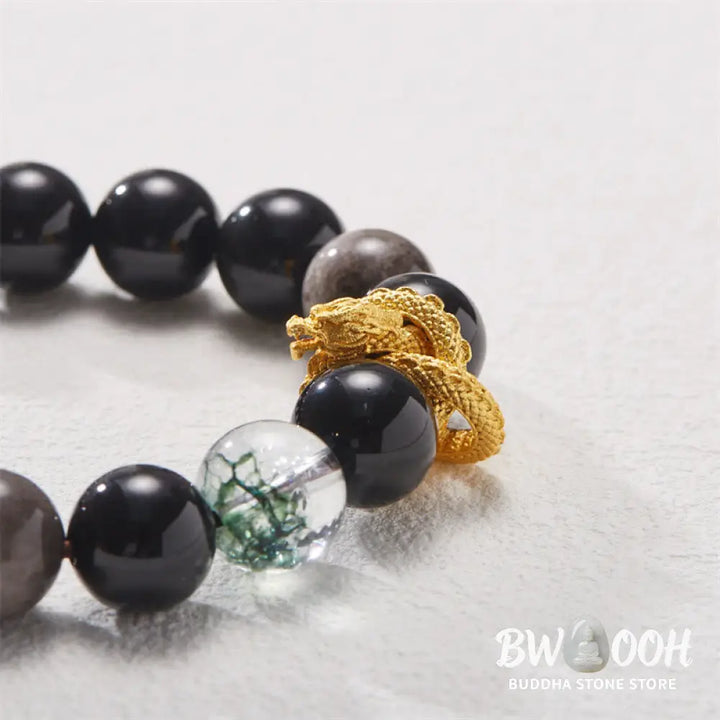 Buddha Stones Natural Silver Sheen Obsidian Dragon Green Phantom Protection Bracelet - BWOOOH - Silver Sheen