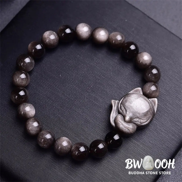 BWOOOH Natural Silver Sheen Obsidian Fox Protection Bracelet | spiritual healing bracelet