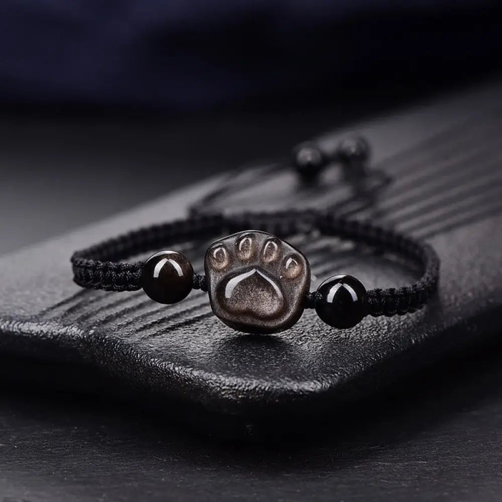 BWOOOH Natural Silver Sheen Obsidian Gold Sheen Obsidian Cute Cat Paw Claw Protection Rope Bracelet - Silver