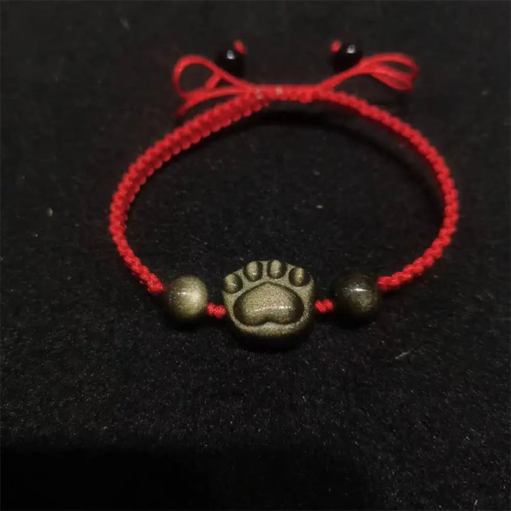 BWOOOH Natural Silver Sheen Obsidian Gold Sheen Obsidian Cute Cat Paw Claw Protection Rope Bracelet - Gold Sheen