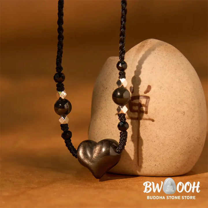Buddha Stones Natural Silver Sheen Obsidian Heart Protection Necklace Pendant - BWOOOH - Silver Sheen Obsidian Heart