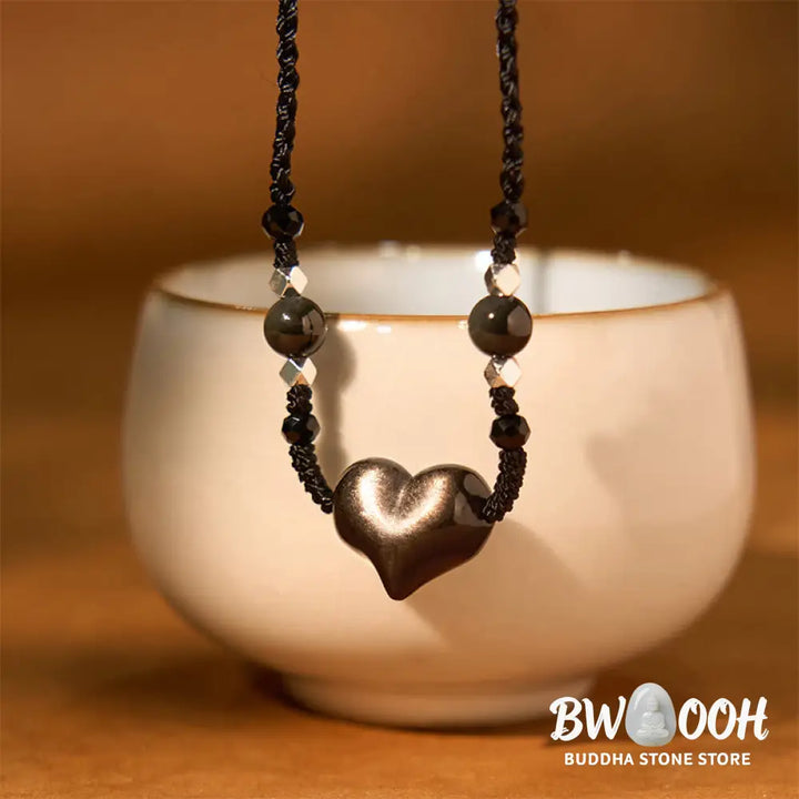 Buddha Stones Natural Silver Sheen Obsidian Heart Protection Necklace Pendant - BWOOOH - Silver Sheen Obsidian Heart