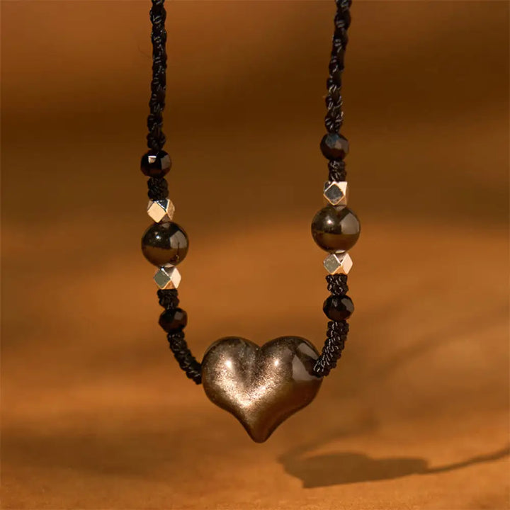 Buddha Stones Natural Silver Sheen Obsidian Heart Protection Necklace Pendant - BWOOOH - Silver Sheen Obsidian Heart