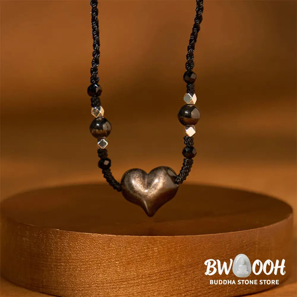 Buddha Stones Natural Silver Sheen Obsidian Heart Protection Necklace Pendant - BWOOOH - Silver Sheen Obsidian Heart