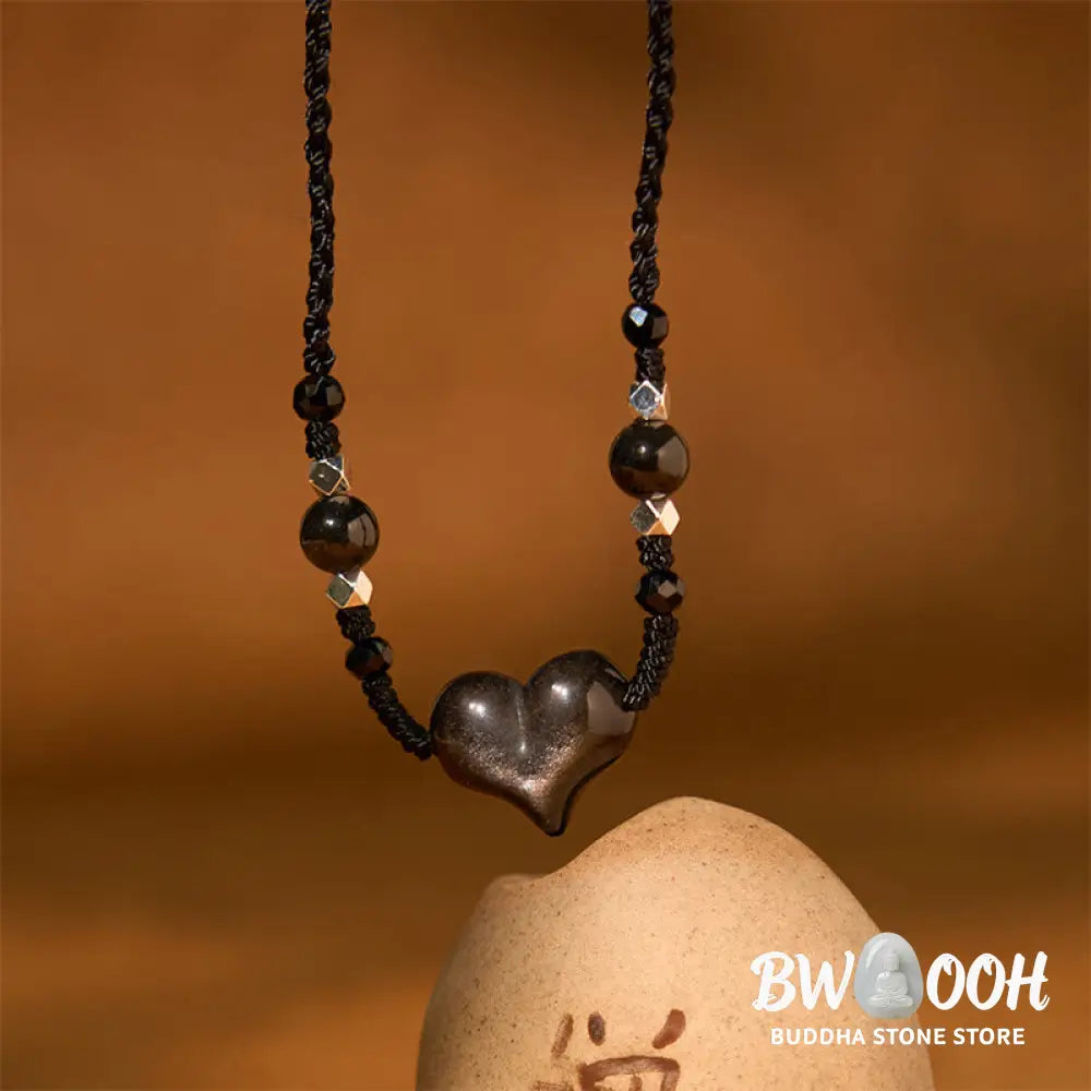 Buddha Stones Natural Silver Sheen Obsidian Heart Protection Necklace Pendant - BWOOOH - Silver Sheen Obsidian Heart