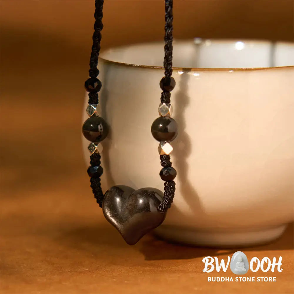 Buddha Stones Natural Silver Sheen Obsidian Heart Protection Necklace Pendant - BWOOOH - Silver Sheen Obsidian Heart