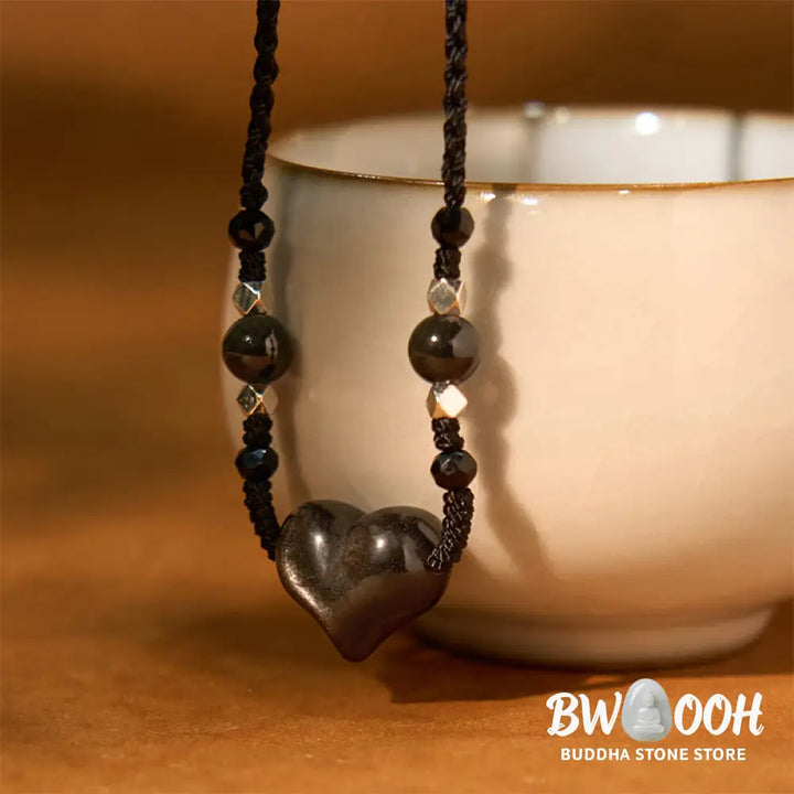 Buddha Stones Natural Silver Sheen Obsidian Heart Protection Necklace Pendant - BWOOOH - Silver Sheen Obsidian Heart