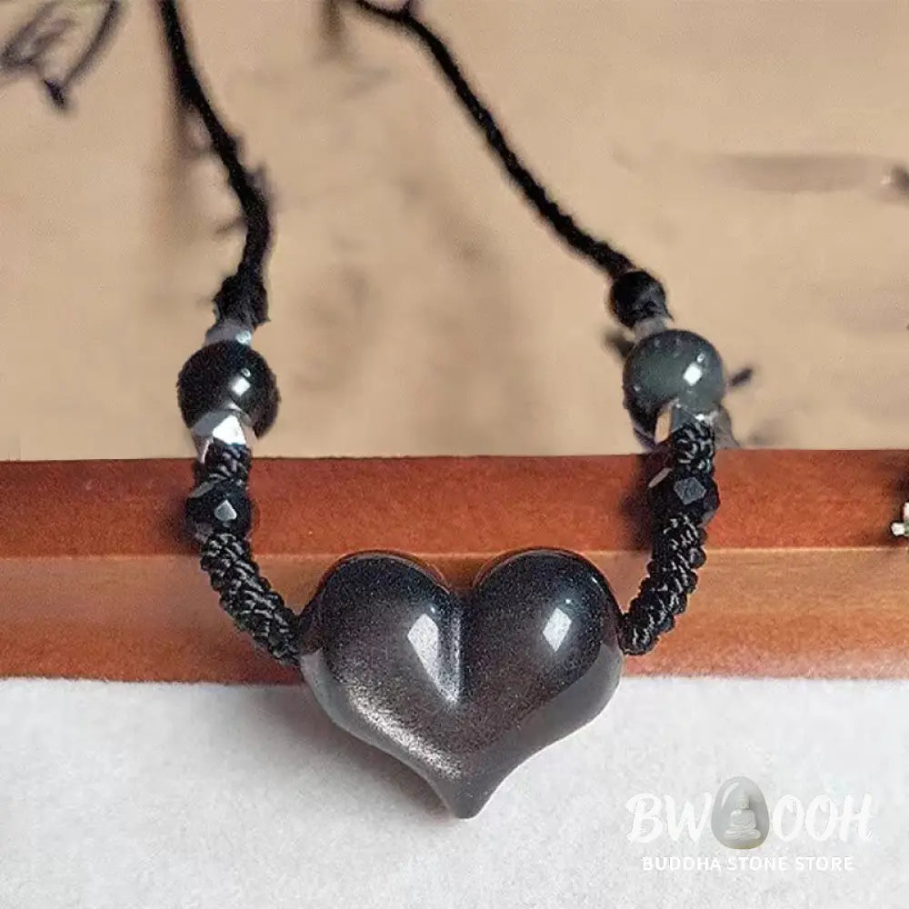 Buddha Stones Natural Silver Sheen Obsidian Heart Protection Necklace Pendant - BWOOOH - Silver Sheen Obsidian Heart
