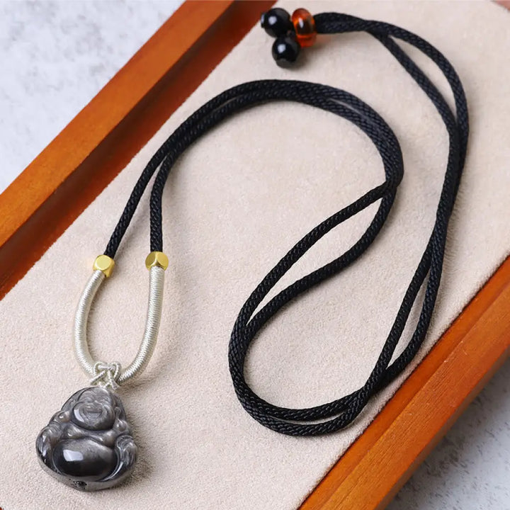 Buddha Stones Natural Silver Sheen Obsidian Laughing Buddha Protection Necklace Pendant - BWOOOH - Laughing Buddha