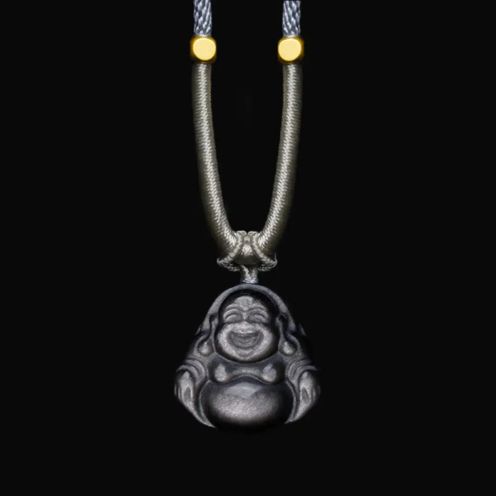 Buddha Stones Natural Silver Sheen Obsidian Laughing Buddha Protection Necklace Pendant - BWOOOH - Laughing Buddha