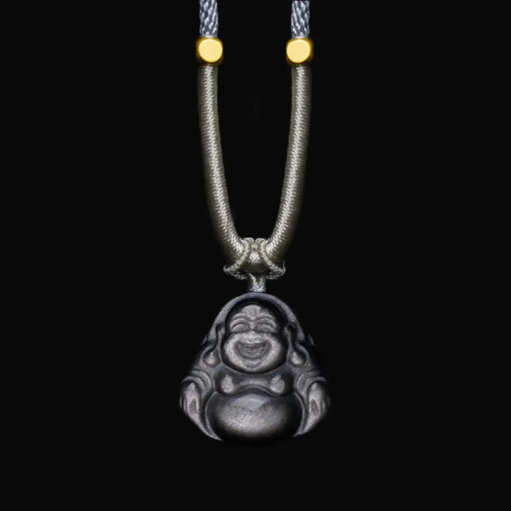 Buddha Stones Natural Silver Sheen Obsidian Laughing Buddha Protection Necklace Pendant - BWOOOH - Laughing Buddha