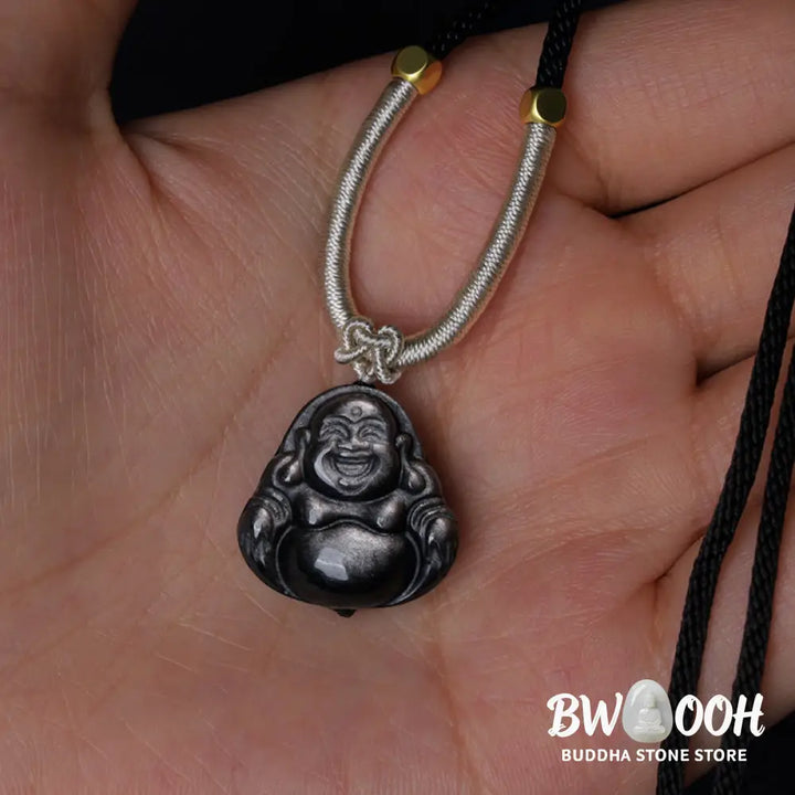 Buddha Stones Natural Silver Sheen Obsidian Laughing Buddha Protection Necklace Pendant - BWOOOH - Necklaces &amp; Pendants