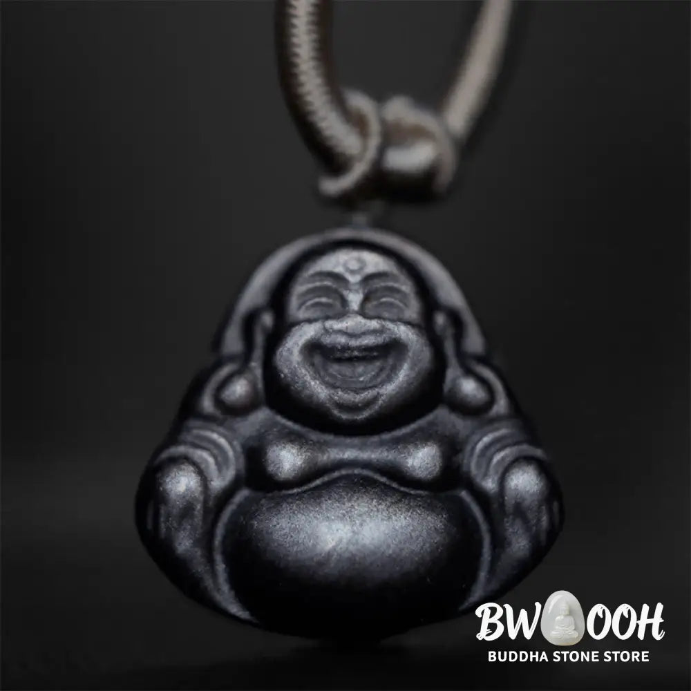 Buddha Stones Natural Silver Sheen Obsidian Laughing Buddha Protection Necklace Pendant - BWOOOH - Necklaces &amp; Pendants