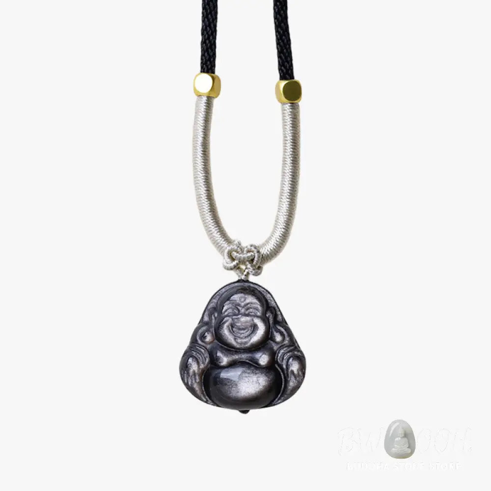 Buddha Stones Natural Silver Sheen Obsidian Laughing Buddha Protection Necklace Pendant - BWOOOH - Necklaces &amp; Pendants