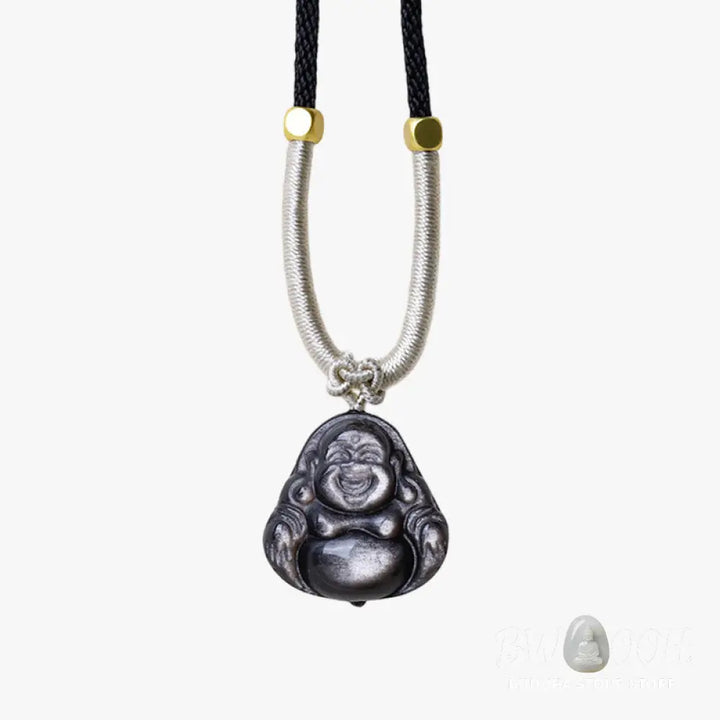 Buddha Stones Natural Silver Sheen Obsidian Laughing Buddha Protection Necklace Pendant - BWOOOH - Necklaces &amp; Pendants