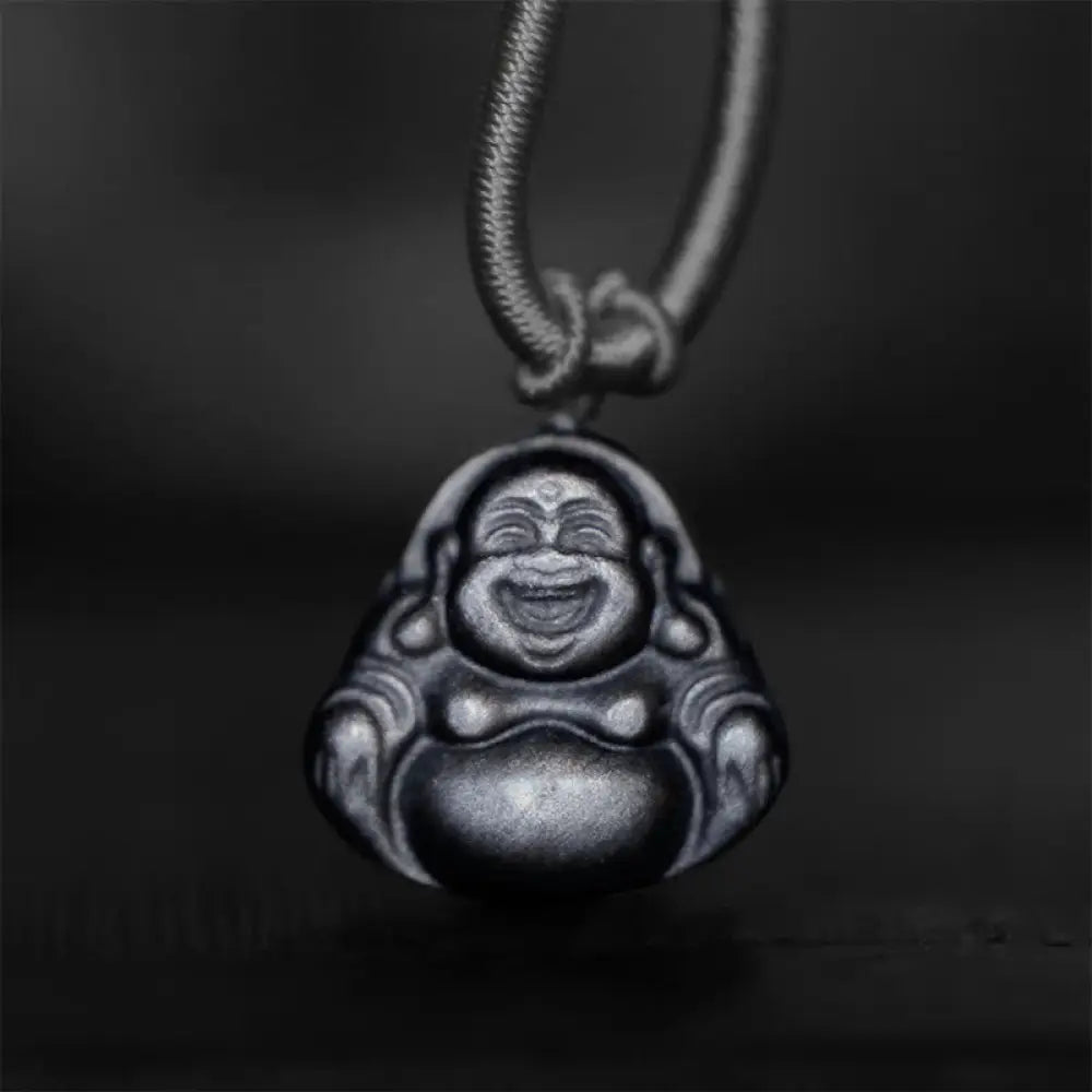 BWOOOH Natural Silver Sheen Obsidian Laughing Buddha Protection Necklace Pendant black obsidian necklace