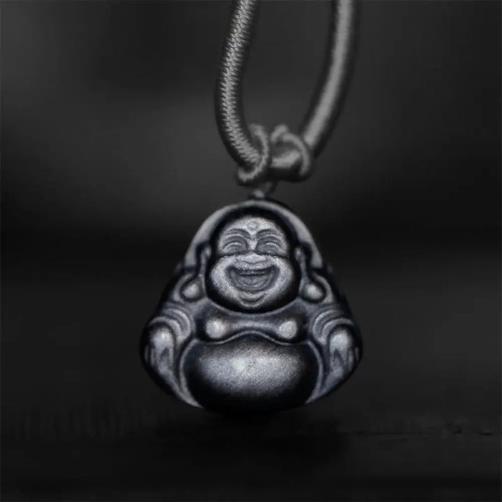 BWOOOH Natural Silver Sheen Obsidian Laughing Buddha Protection Necklace Pendant black obsidian necklace