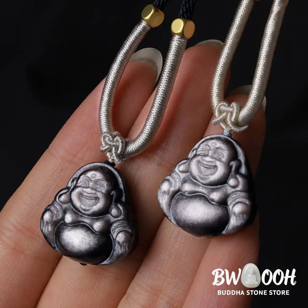 Buddha Stones Natural Silver Sheen Obsidian Laughing Buddha Protection Necklace Pendant - BWOOOH - Necklaces &amp; Pendants