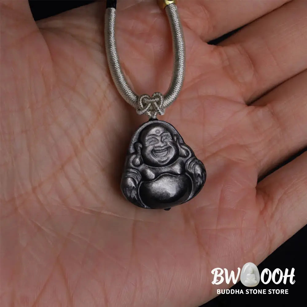 Buddha Stones Natural Silver Sheen Obsidian Laughing Buddha Protection Necklace Pendant - BWOOOH - Necklaces &amp; Pendants
