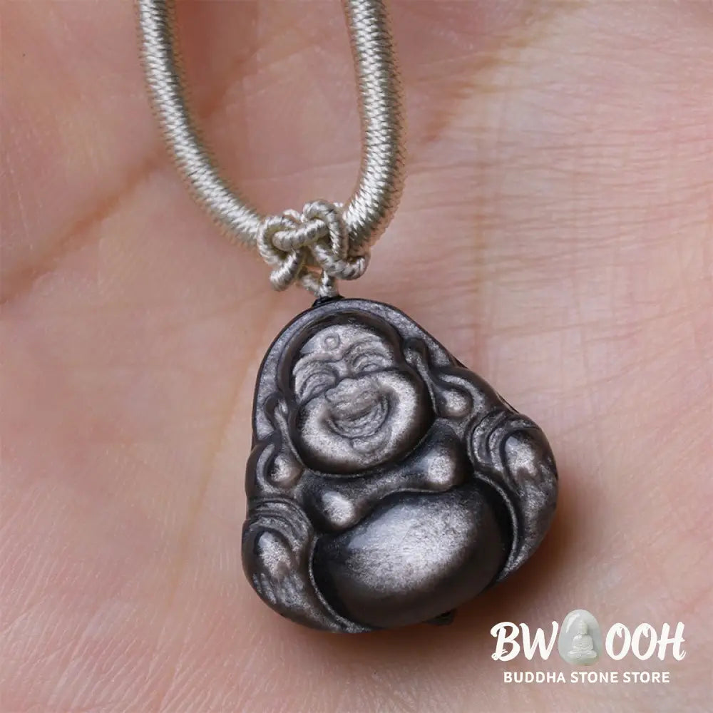 Buddha Stones Natural Silver Sheen Obsidian Laughing Buddha Protection Necklace Pendant - BWOOOH - Necklaces &amp; Pendants