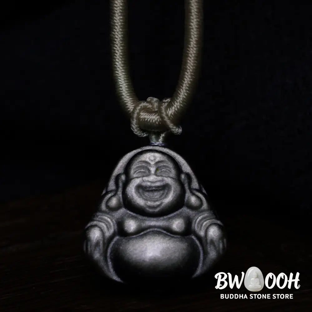 Buddha Stones Natural Silver Sheen Obsidian Laughing Buddha Protection Necklace Pendant - BWOOOH - Necklaces &amp; Pendants