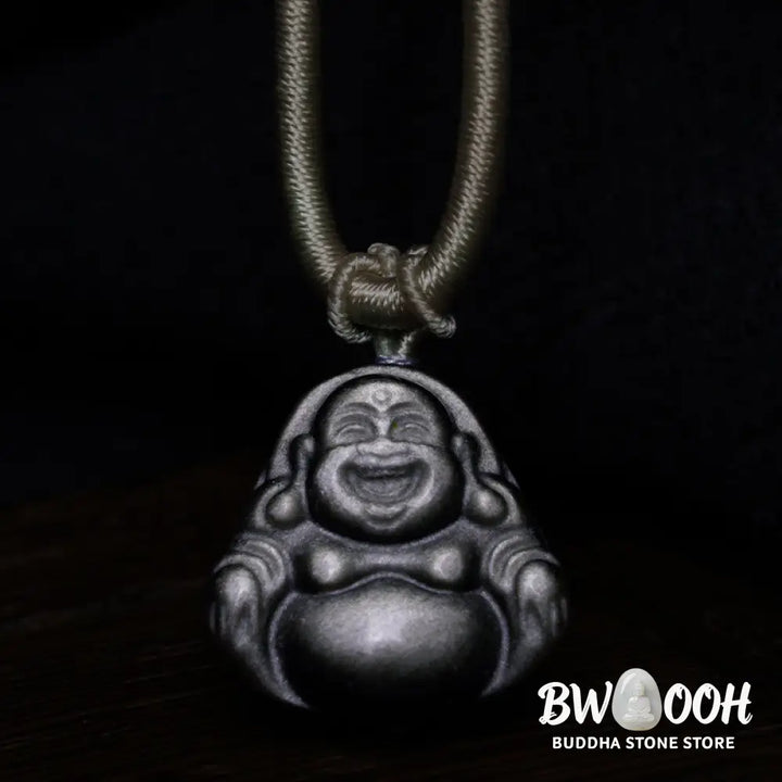 Buddha Stones Natural Silver Sheen Obsidian Laughing Buddha Protection Necklace Pendant - BWOOOH - Necklaces &amp; Pendants