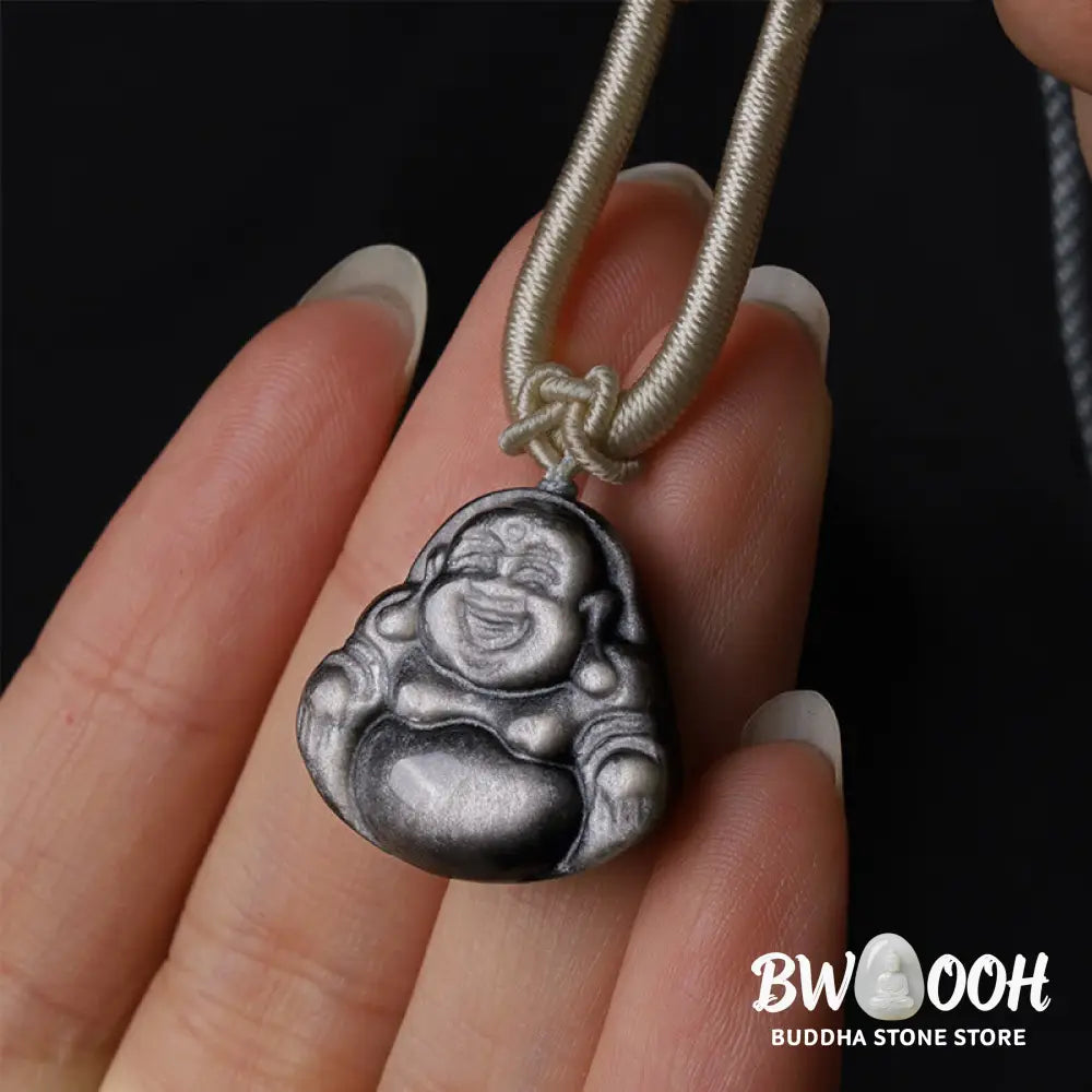 Buddha Stones Natural Silver Sheen Obsidian Laughing Buddha Protection Necklace Pendant - BWOOOH - Necklaces &amp; Pendants