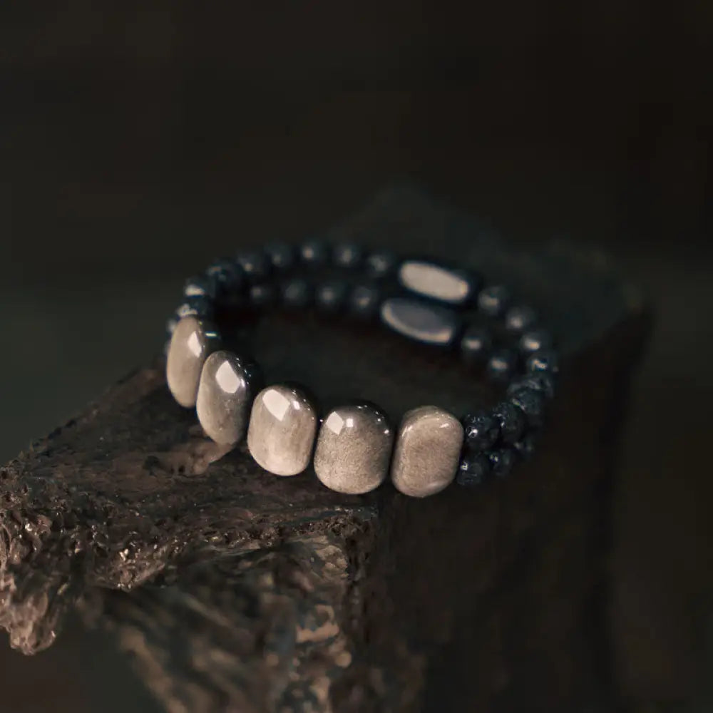 BWOOOH Natural Silver Sheen Obsidian Lava Rock Communication Bracelet - BWOOOH - 15cm fit for Wrist