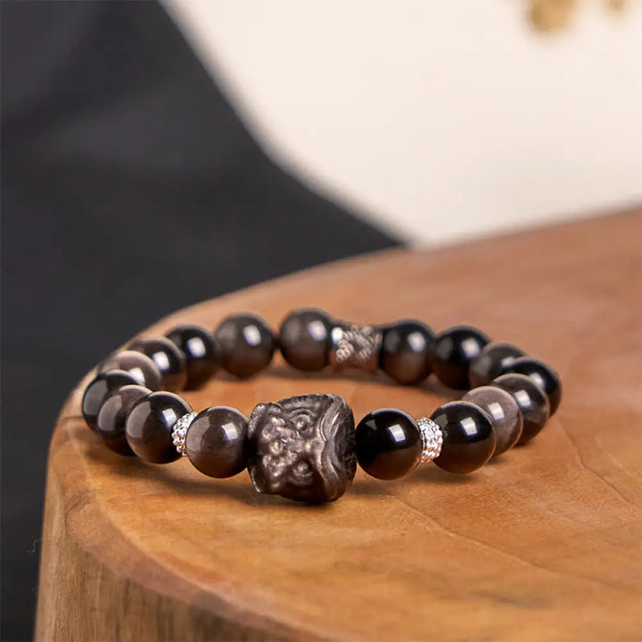 BWOOOH Natural Silver Sheen Obsidian Lion Dance Protection Bracelet — Obsidian black obsidian bracelet for spiritual heali...