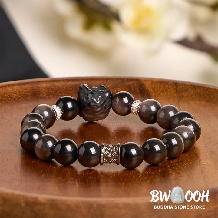 Buddha Stones Natural Silver Sheen Obsidian Lion Dance Protection Bracelet - BWOOOH - Bracelet