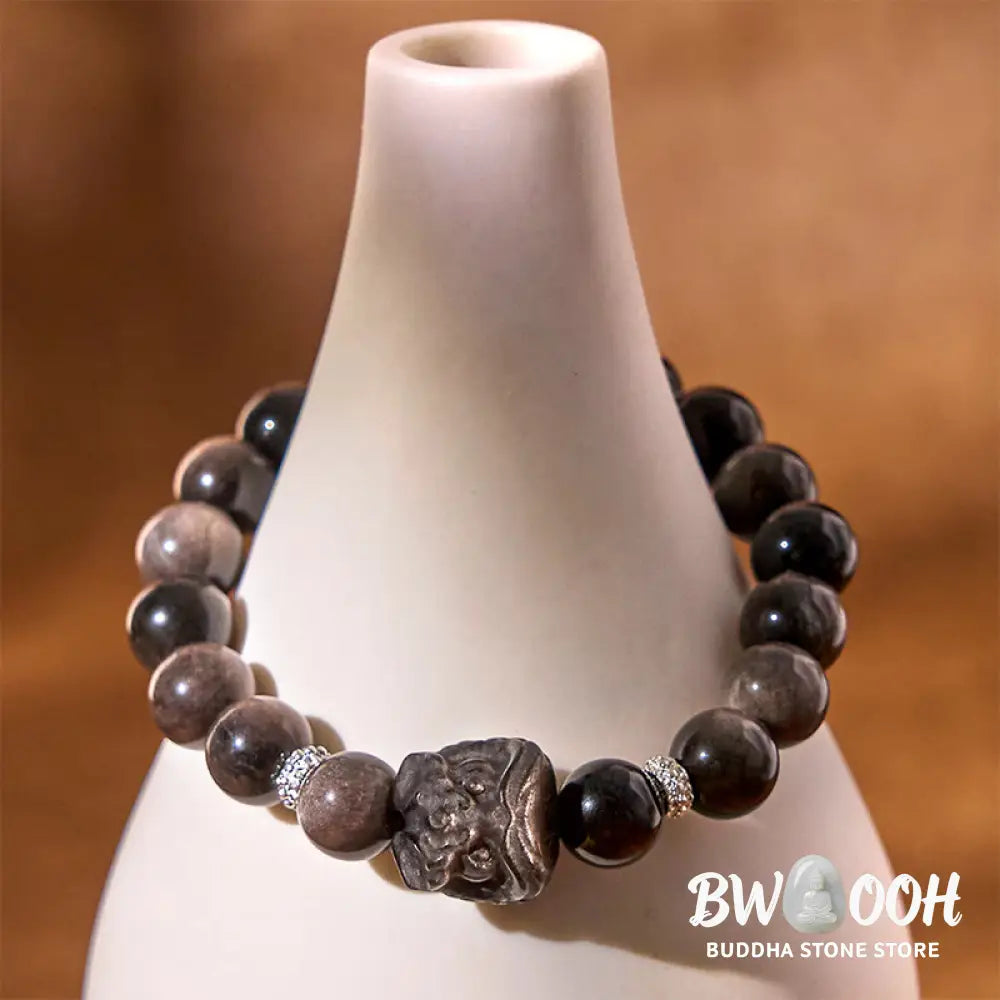 Buddha Stones Natural Silver Sheen Obsidian Lion Dance Protection Bracelet - BWOOOH - Bracelet