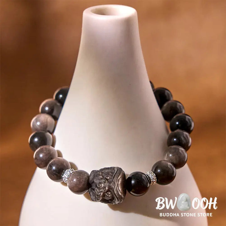 Buddha Stones Natural Silver Sheen Obsidian Lion Dance Protection Bracelet - BWOOOH - Bracelet