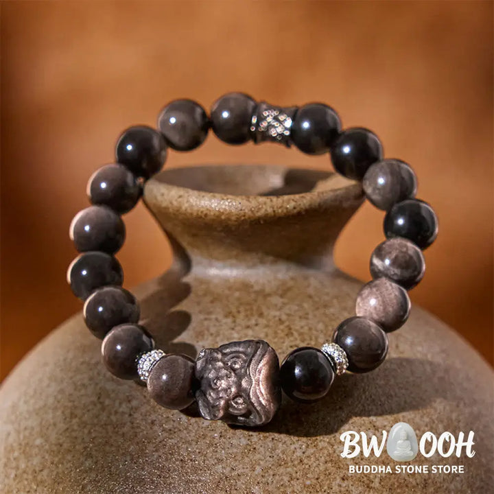 Buddha Stones Natural Silver Sheen Obsidian Lion Dance Protection Bracelet - BWOOOH - Bracelet