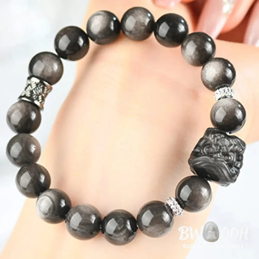 Buddha Stones Natural Silver Sheen Obsidian Lion Dance Protection Bracelet - BWOOOH - Bracelet