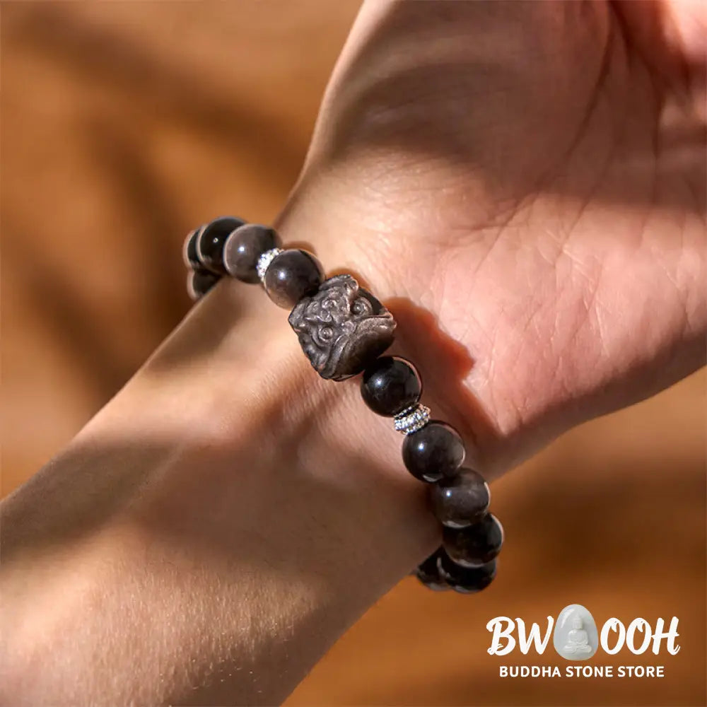 Buddha Stones Natural Silver Sheen Obsidian Lion Dance Protection Bracelet - BWOOOH - Bracelet