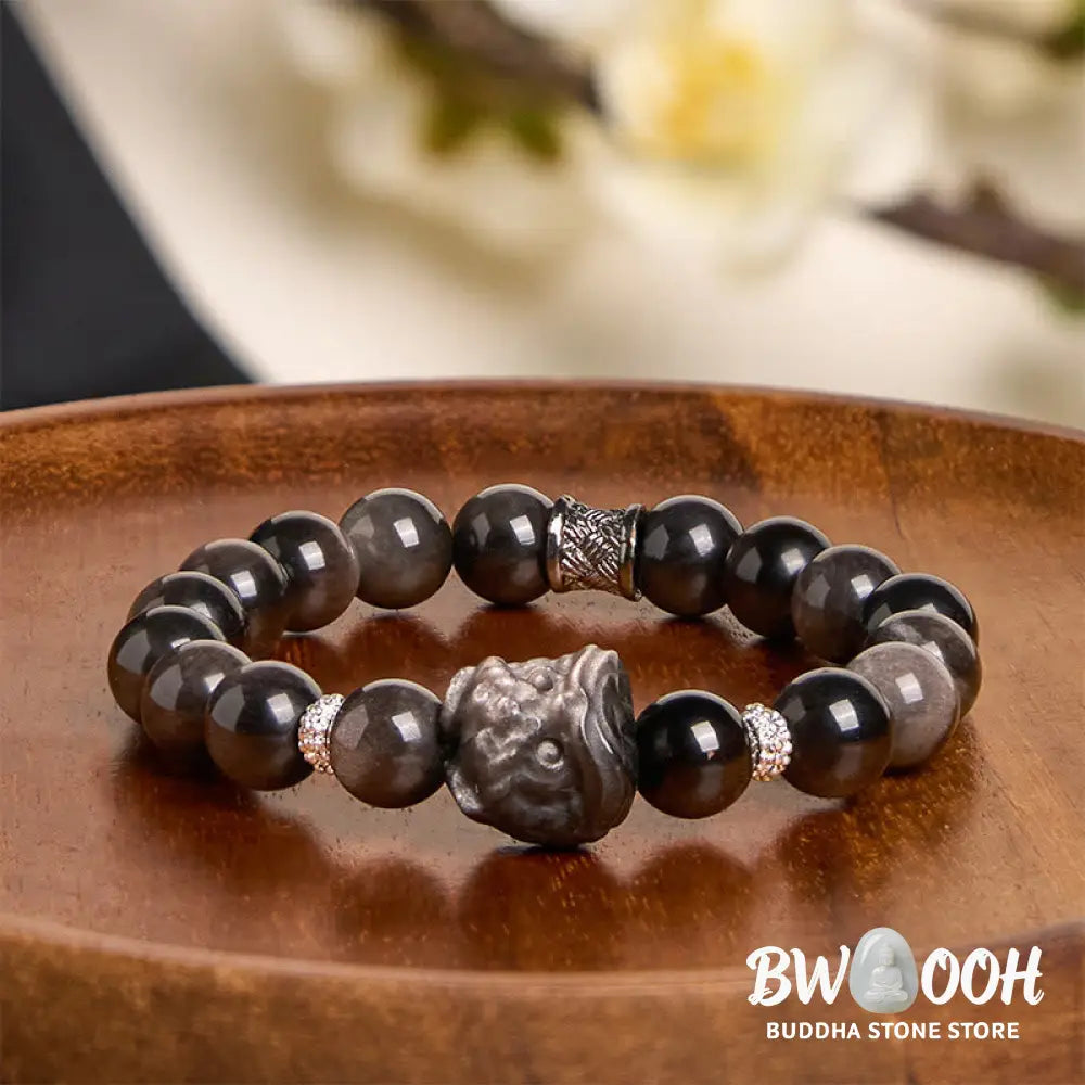 Buddha Stones Natural Silver Sheen Obsidian Lion Dance Protection Bracelet - BWOOOH - Bracelet