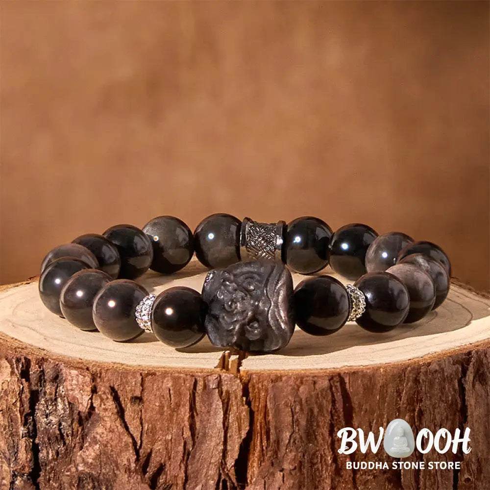 Buddha Stones Natural Silver Sheen Obsidian Lion Dance Protection Bracelet - BWOOOH - Bracelet