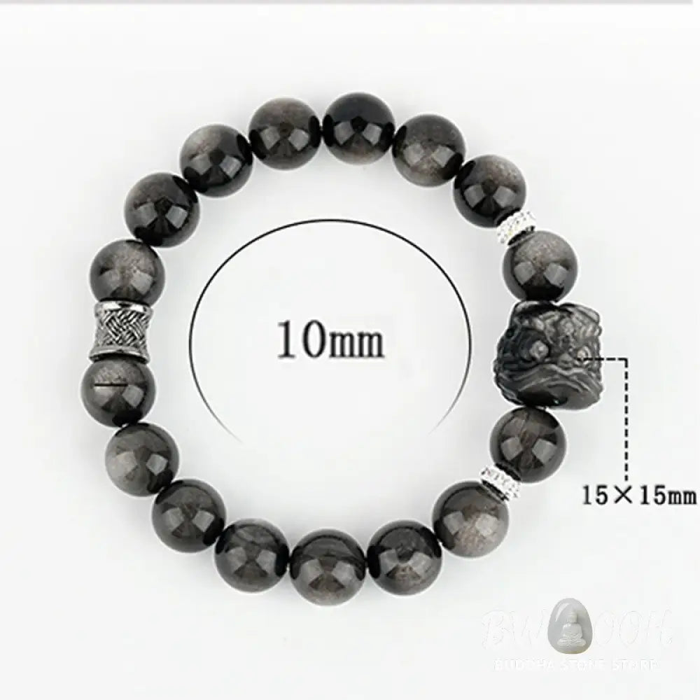 Buddha Stones Natural Silver Sheen Obsidian Lion Dance Protection Bracelet - BWOOOH - Bracelet