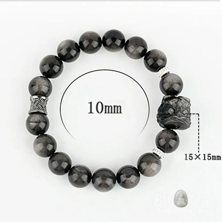Buddha Stones Natural Silver Sheen Obsidian Lion Dance Protection Bracelet - BWOOOH - Bracelet