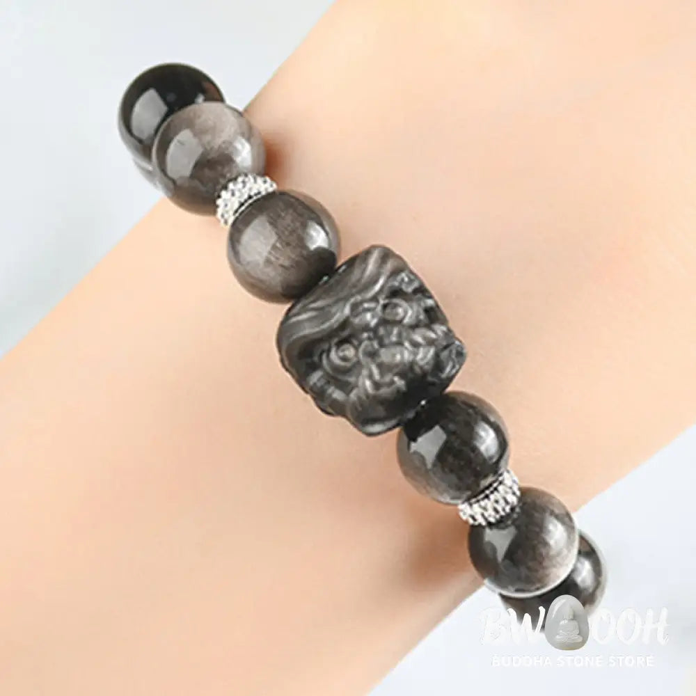 Buddha Stones Natural Silver Sheen Obsidian Lion Dance Protection Bracelet - BWOOOH - Bracelet