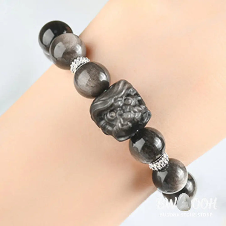Buddha Stones Natural Silver Sheen Obsidian Lion Dance Protection Bracelet - BWOOOH - Bracelet