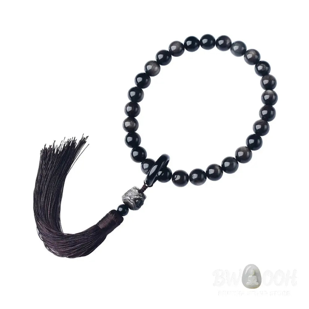 BWOOOH Silver Sheen Obsidian Lion Wrist Mala, polished beads (12-16mm), carved lion, tassels. Offers energetic protection, also a pocket mala or car decoration. - View 6